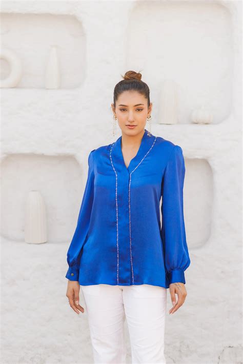Prussian blue satin tunic with overlap placket and hand embroidery – Sohni
