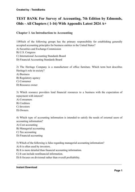 TEST BANK For Survey of Accounting, 7th Edition by Edmonds, Olds - All ...