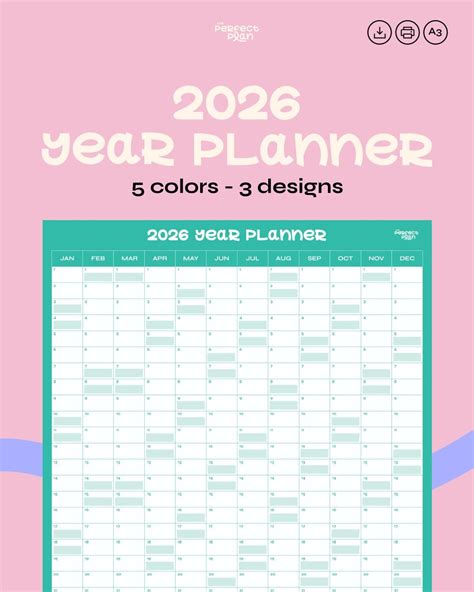 2026 Year Planner Printable One Page A3 Calendar Full Year Overview ...