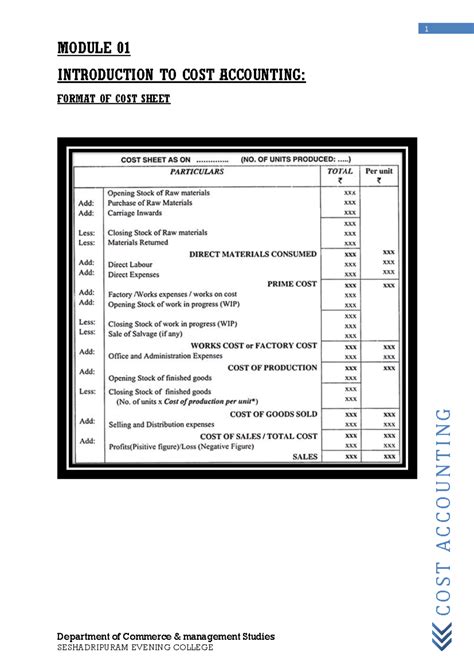 Introduction to Cost Accounting: Cost Sheet and Calculations - Studocu