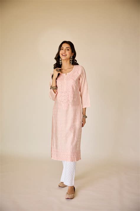 Zubaida Blush Pink Chanderi Hand Embroidered Chikankari Kurta