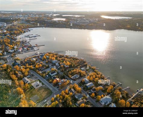 Aerial view of Yellowknife Bay and Old Town in Autumn. Yellowknife ...