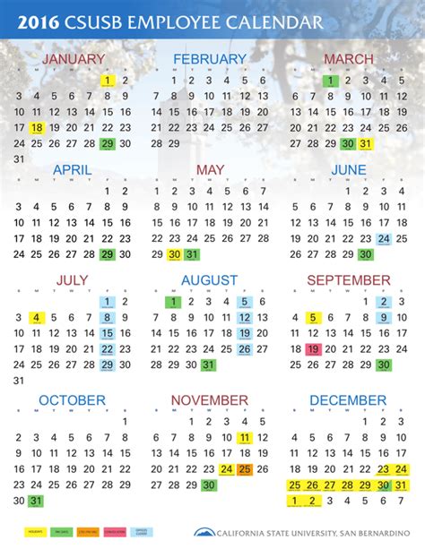2016 CSUSB EMPLOYEE CALENDAR