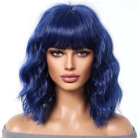 Amazon.com : MAGQOO Blue Wigs for Women Navy Blue Bob Wigs with Bangs ...