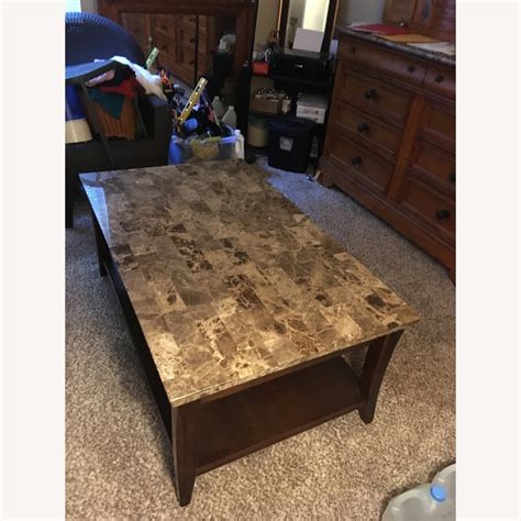 Raymour & Flanigan Marble Top Espresso Coffee + 2 End Tables - AptDeco