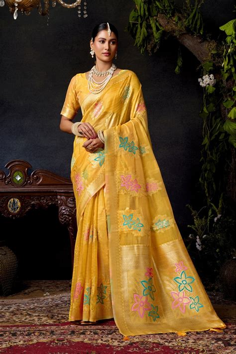 Lemon Yellow Banarasi Organza Saree — Festive | MySilkLove