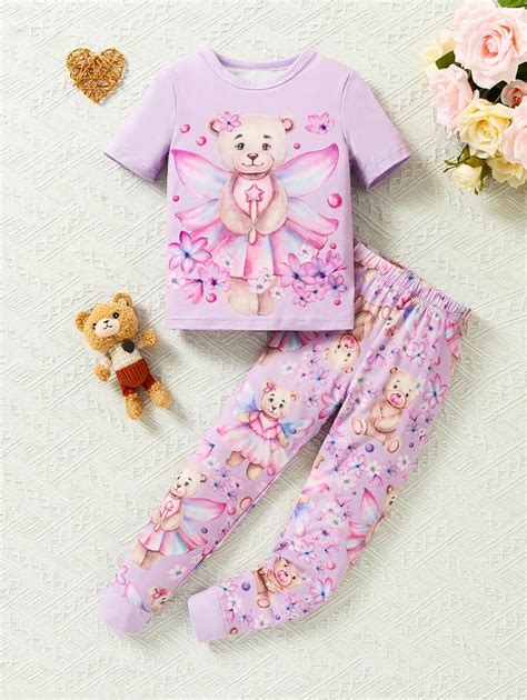 SHEIN Young Girl Purple Pants Short Sleeve Cute Bear Printed Two-Piece ...