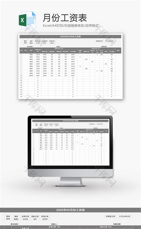 月份工资表Excel模板_千库网(excelID：145385)