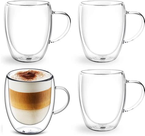 4 Pack Double Walled Glass Coffee Cups, Insulated Latte Glasses Mugs ...