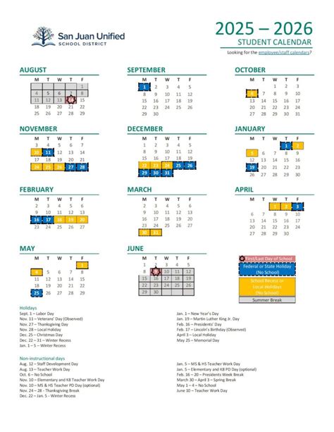 San Juan Unified School District Calendar 2025-2026 in PDF