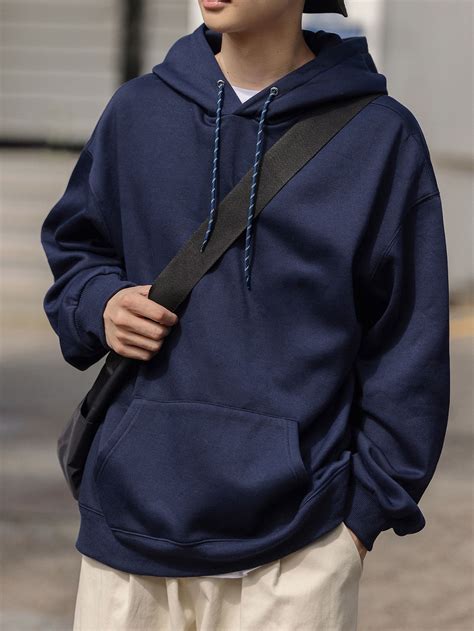 Men Kangaroo Pocket Drop Shoulder Drawstring Hoodie | Blue hoodie ...