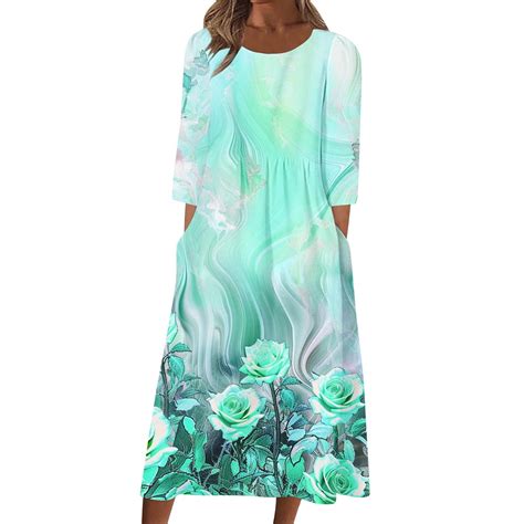 Edvintorg Dresses for Women Floral Printed Crew Neck Casual 3/4 Sleeve ...