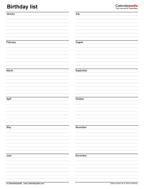 Birthday Lists - Free Printable Microsoft Excel templates