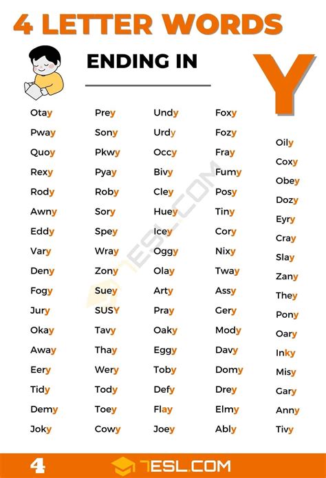 4 Letter Words Ending in Y (324 Words in English) • 7ESL | Phonics ...