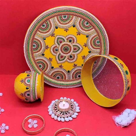 Mykanha Decorated Karwa Chauth Thali Set (Yellow Color) Iron Price in ...