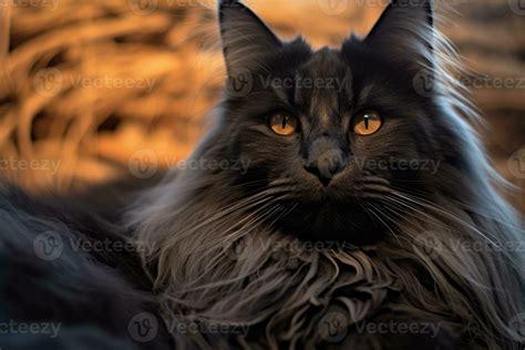 a long haired black cat with orange eyes generative AI 28358583 Stock ...