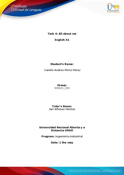 Task 4 - ninguna - Task 4: All about me English A Student’s Name ...