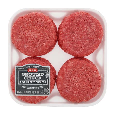 H-E-B Ground Beef Chuck 1/3 lb Burger Patties, 80% Lean - Value Pack, 8 ...