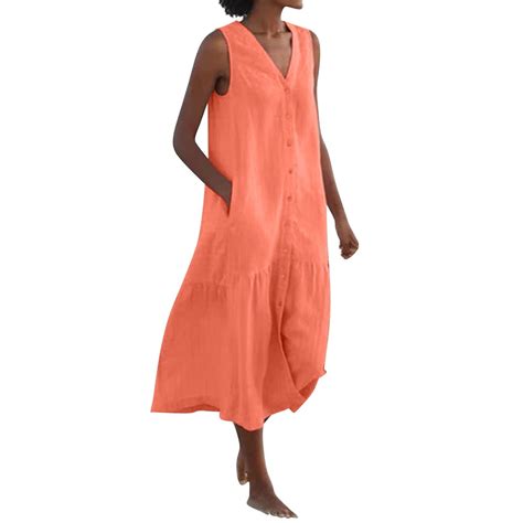 Orange Dresses for Women Solid Color Sleeveless Softy Dress Plus Size V ...