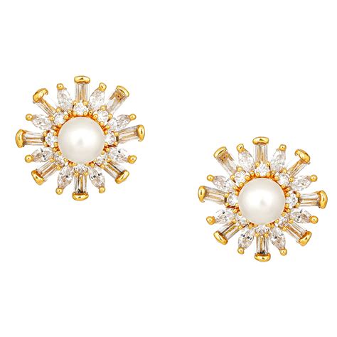 Gold Plated American Diamond & Baguette's Pearl Flower Stud Earrings ...