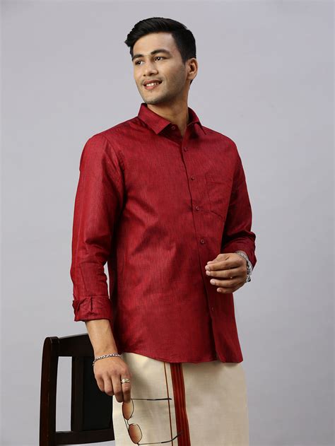 Men Cotton Rich Maroon Shirt and Tissue Dhoti Set C81