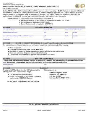Fillable Online APPLICATION - HAZARDOUS AGRICULTURAL MATERIALS ...