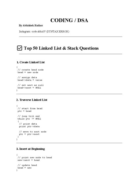 Top 50 Linked List & Stack Questions (SYNTAX ERROR) - Studocu