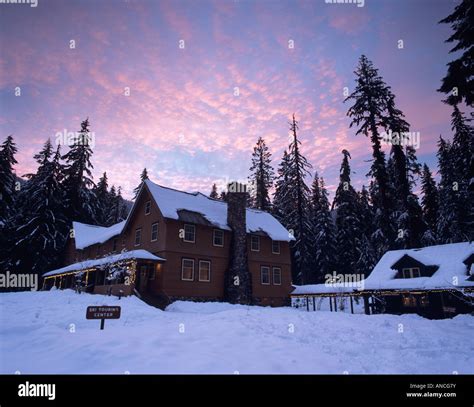 WA, Mt. Rainier NP, National Park Inn at sunrise in winter Stock Photo ...