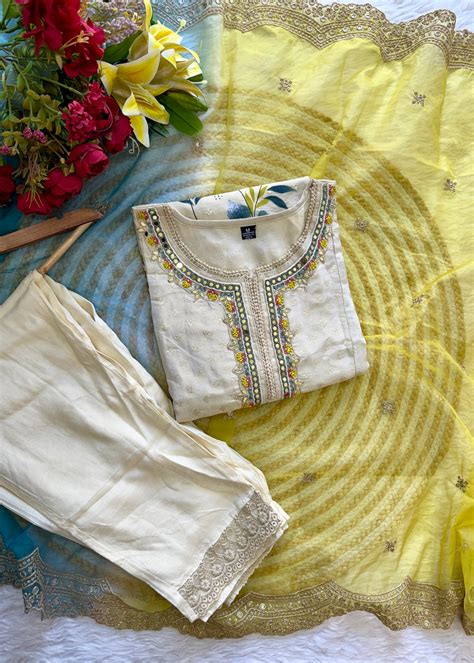 "Meera" Off white jacquard short kurta set – Libaas king