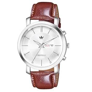 Buy CRESTELLO Brown Leather Strap Analog Wrist Watch with Day-Date ...