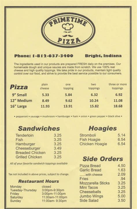 Menu at Primetime Pizza pizzeria, Hidden Valley