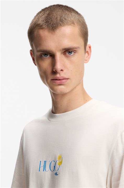 HUGO - Cotton-jersey T-shirt with rear printed artwork - Natural