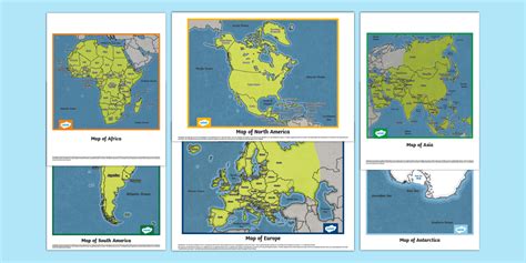 Labelled Continent Maps Pack - Twinkl - KS2