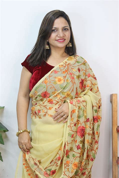 Cream Embroidered Kashmiri Aari Work Georgette Saree - Luxurionworld
