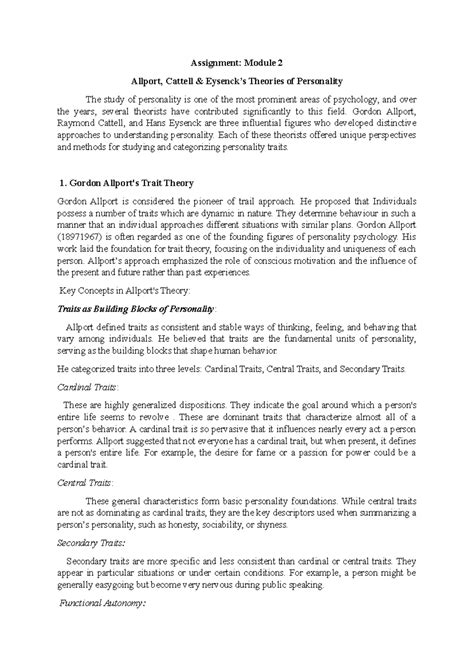Personality Theory & Contributions: Allport, Cattell & Eysenck (PSY 202 ...