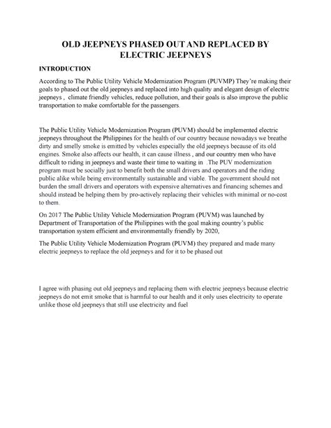 Position Paper Example - OLD JEEPNEYS PHASED OUT AND REPLACED BY ...