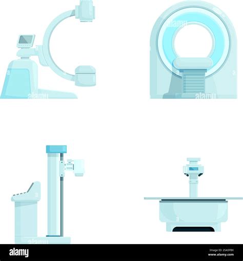 Collection of four medical diagnostic machine icons including mri and xray equipment. Set of ...