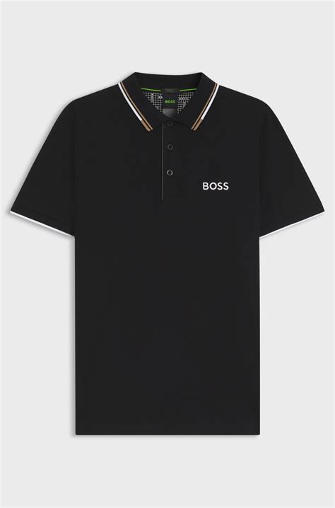 BOSS - Cotton-blend polo shirt with contrast logos - Black