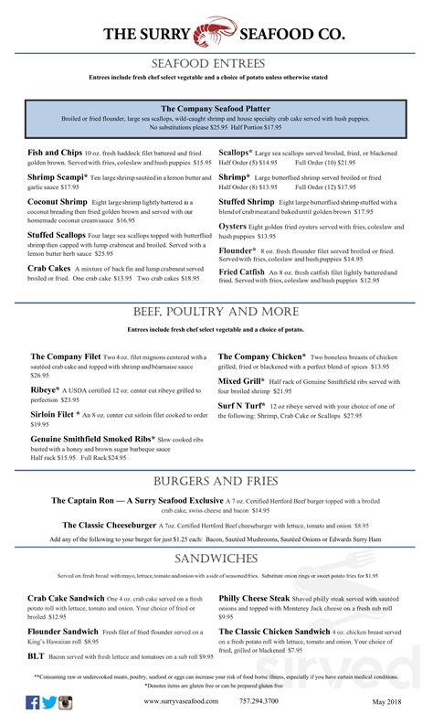 The Surry Seafood Co. menu in Surry, Virginia, USA