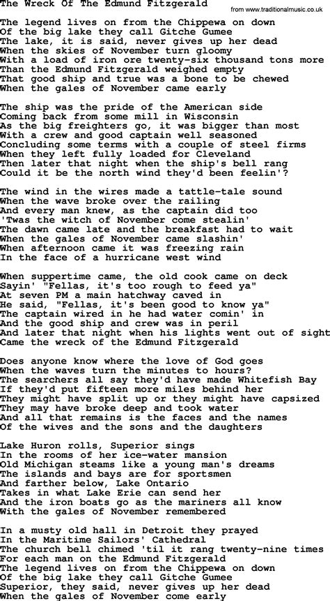 The Wreck Of The Edmund Fitzgerald, by Gordon Lightfoot, Lyrics