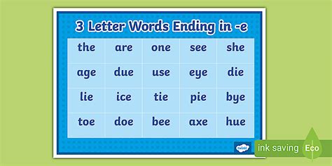 3 Letter Words Ending in -e Word Mat