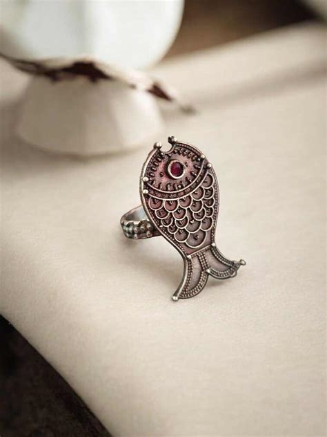 Quirky Meena Fish Red Adjustable Oxidized Finger Ring – Preyasi
