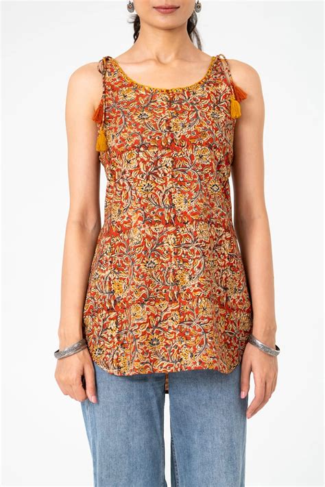 Coral & Mustard Floral Sleeveless Cotton Cambric Short Kurti – Kaftanize