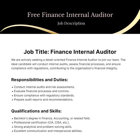 Free Finance Internal Auditor Job Description Template to Edit Online