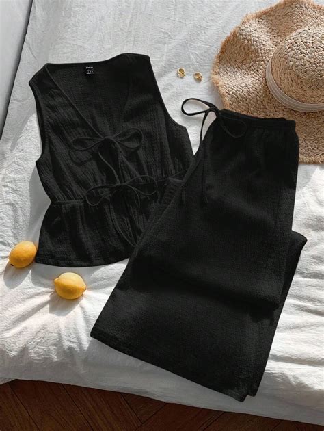 Comfortcana Plain Black Knitted Two-Piece Set For Women With Casual V ...