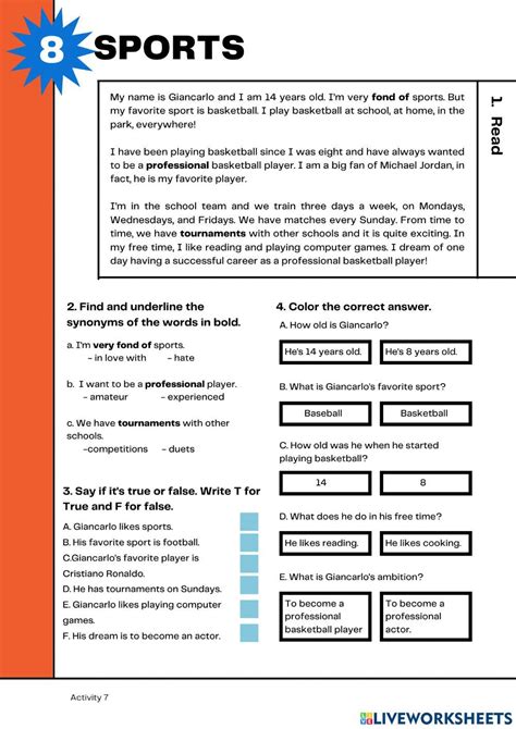 Sports Worksheet Reading 的图像结果