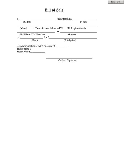 Bill of Sale for Boat, Snowmobile, or ATV - Blank Fillable Template ...