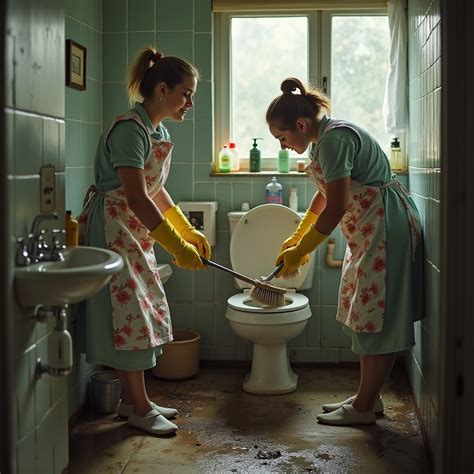 Housemaids Unclog Toilets in Dirty Restroom | Stable Diffusion Online