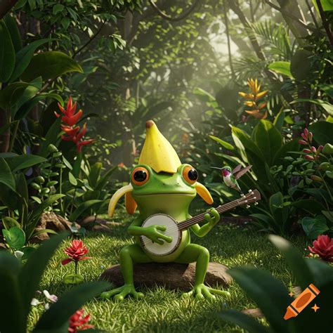 A cute frog wearing a banana hat plays a banjo in a vibrant jungle ...