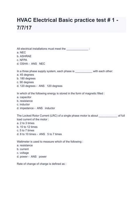HVAC Electrical Basic Practice Test - # 8 -7/7/17 Exam Questions And ...